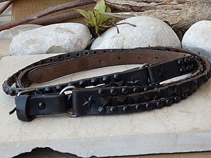 Studded belt, Gothic leather belt, Silver metal belt, Black leather belt, Multi layered leather belt for women thin belt, Metal buckle belt