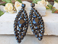 Black cocktail Earrings, Rebeka black Earrings, Oval Big Earrings, Cluster Long Earrings, Rhinestone evening Earrings.Prom Black earrings