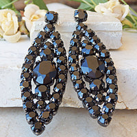 Black cocktail Earrings, Rebeka black Earrings, Oval Big Earrings, Cluster Long Earrings, Rhinestone evening Earrings.Prom Black earrings