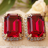 Ruby earrings. Red stud earrings. Big stud earrings. Rhinestone stud earrings. Ruby crystal  earrings. Estate jewelry, Women gift