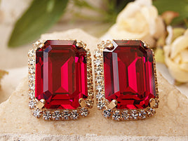 Ruby earrings. Red stud earrings. Big stud earrings. Rhinestone stud earrings. Ruby crystal  earrings. Estate jewelry, Women gift