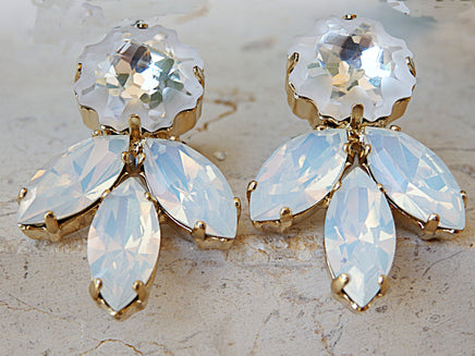 Bridal Earrings, Cluster Stud Earrings, White Crystal Earrings, Opal Rebeka Earrings, Evening jewelry. Jewelry for brides.Bridesmaid gift