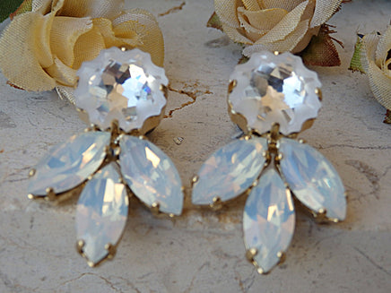 Bridal Earrings, Cluster Stud Earrings, White Crystal Earrings, Opal Rebeka Earrings, Evening jewelry. Jewelry for brides.Bridesmaid gift