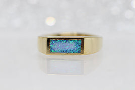 Rectangle Opal Ring, Gold Fire Opal Signet Ring, Blue Opal Signet Ring, Blue Gemstone Ring, Opal Goldfilled Ring, Men Women Gold Signet Ring