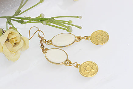 Gold White Star Of David Necklace, Enamel Necklace, Passover Unique Gift, Jewish Jewelry, Hanukkah Earrings, Bridal Necklace Earrings Set