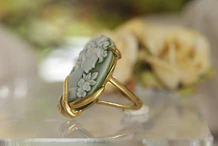 Vintage Style Cameo Ring, Art Deco Cameo Ring, Victorian Green Emerald Toggle Cameo Ring, Everyday Ring, Gold Filled Ring, Women's Ring Gift