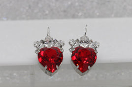 RED HEART EARRINGS, Valentines Day, Heart Shaped Earring, Ruby Crystal Earring, Crown Earrings,  Crystal, Lever Back Earrings