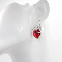 RED HEART EARRINGS, Valentines Day, Heart Shaped Earring, Ruby Crystal Earring, Crown Earrings,  Crystal, Lever Back Earrings