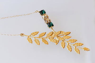 EMERALD CRYSTAL NECKLACE, Leaves, Wedding Day Jewelry, Leaf Pendant, Rebeka Necklace, Bridal Statement Necklace, Drop Champagne Pendant