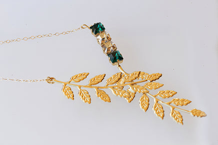 EMERALD CRYSTAL NECKLACE, Leaves, Wedding Day Jewelry, Leaf Pendant, Rebeka Necklace, Bridal Statement Necklace, Drop Champagne Pendant