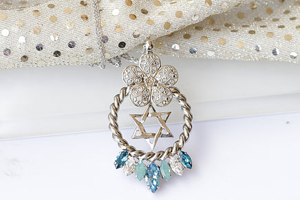 David Necklace, Filigree Woman Necklace, Jewish Magen David, Floral Necklace, Blue Crystal Rebeka Necklace, Designer Jewelry From Israrel