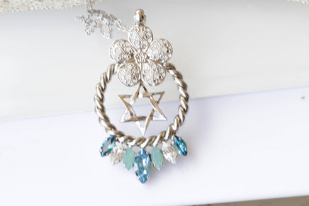 David Necklace, Filigree Woman Necklace, Jewish Magen David, Floral Necklace, Blue Crystal Rebeka Necklace, Designer Jewelry From Israrel