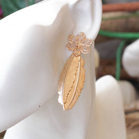 FEATHER EARRINGS, Long Stud Earrings, Bridal Studs, Bridesmaid Rose Gold Jewelry, Gold Plated Earrings, Earrings And Bracelet,Flower Earring