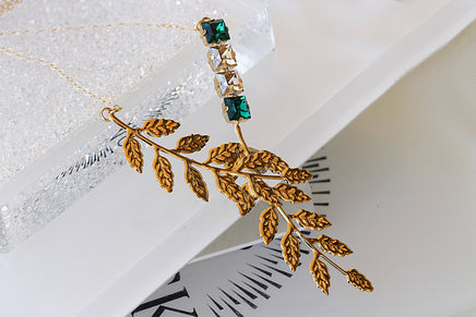 EMERALD CRYSTAL NECKLACE, Leaves, Wedding Day Jewelry, Leaf Pendant, Rebeka Necklace, Bridal Statement Necklace, Drop Champagne Pendant