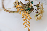 EMERALD CRYSTAL NECKLACE, Leaves, Wedding Day Jewelry, Leaf Pendant, Rebeka Necklace, Bridal Statement Necklace, Drop Champagne Pendant