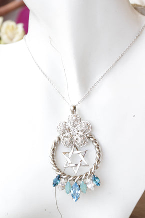 David Necklace, Filigree Woman Necklace, Jewish Magen David, Floral Necklace, Blue Crystal Rebeka Necklace, Designer Jewelry From Israrel