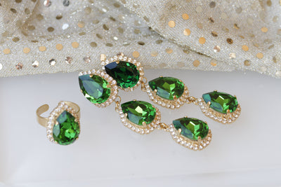 EMERALD JEWELRY SET, Moss Green Rebeka Set, Chandelier Clip On Earrings, Bridal Jewelry Set, Earrings Ring Set, Formal Teardrop Earrings