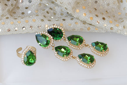 EMERALD JEWELRY SET, Moss Green Rebeka Set, Chandelier Clip On Earrings, Bridal Jewelry Set, Earrings Ring Set, Formal Teardrop Earrings