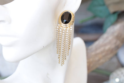 BLACK GOLD RING, Rebeka Tassel Ring, Cocktail Crystal Ring, Oval Stone Ring, Gold And Black Statement Ring For Woman, Evening Jewelry