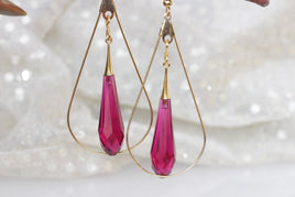 RED DANGLE EARRINGS,  Teardrop hoop gold Earrings, Dark Pink Earrings, Teardrop Earrings, Large Hoop Earrings, Red Ear Wires, Gypsy Earrings