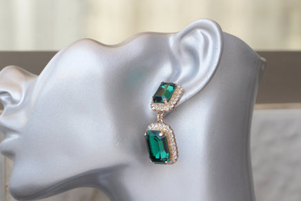 BRIDAL EARRINGS, Crystal Wedding Earrings, Dangle Emerald Earrings, Green Earrings, Emerald Cut Earrings, Wedding Jewelry, Bride Chandeliers