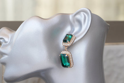 BRIDAL EARRINGS, Crystal Wedding Earrings, Dangle Emerald Earrings, Green Earrings, Emerald Cut Earrings, Wedding Jewelry, Bride Chandeliers