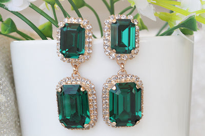 BRIDAL EARRINGS, Crystal Wedding Earrings, Dangle Emerald Earrings, Green Earrings, Emerald Cut Earrings, Wedding Jewelry, Bride Chandeliers