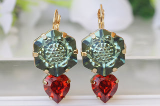 Emerald and Red Drop Earrings, Christmas Heart Shaped Earrings, Emerald and Red Earrings, Anniversary Gift For Wife To Holiday