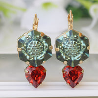 Emerald and Red Drop Earrings, Christmas Heart Shaped Earrings, Emerald and Red Earrings, Anniversary Gift For Wife To Holiday