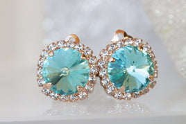 TURQUOISE STUD EARRINGS, Teal Blue Earrings ,Bling earring, Bridesmaid Studs, Rebeka  Bridal Crystal  Clip On Earrings,Wedding Bride Gift