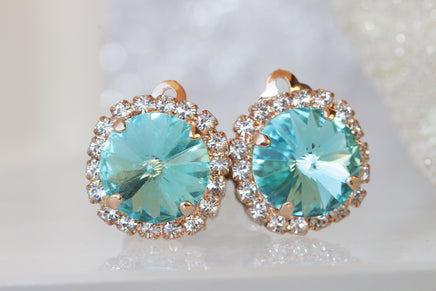 TURQUOISE STUD EARRINGS, Teal Blue Earrings ,Bling earring, Bridesmaid Studs, Rebeka  Bridal Crystal  Clip On Earrings,Wedding Bride Gift