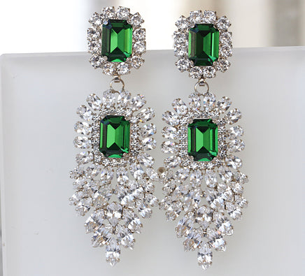 GREEN EMERALD EARRINGS, Crystal Rebeka Wedding, Big Chandelier Earrings,Long earrings, Formal Statement Jewelry For Woman, Unusual Gift