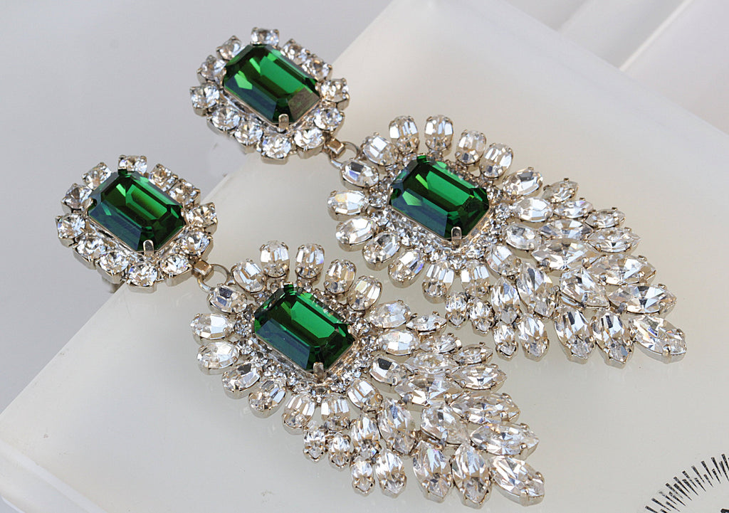GREEN EMERALD EARRINGS, Crystal Rebeka Wedding, Big Chandelier Earrings,Long earrings, Formal Statement Jewelry For Woman, Unusual Gift