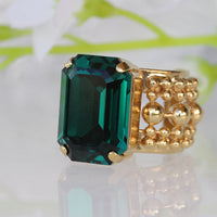 EMERALD CRYSTAL RING, Art Deco Ring, Rebeka Ring For Woman, One Stone Ring, Green Gold Plated Ring, Chunky Ring,Balls Unique Evening Ring