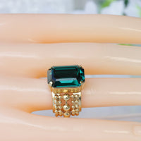 EMERALD CRYSTAL RING, Art Deco Ring, Rebeka Ring For Woman, One Stone Ring, Green Gold Plated Ring, Chunky Ring,Balls Unique Evening Ring