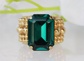 EMERALD CRYSTAL RING, Art Deco Ring, Rebeka Ring For Woman, One Stone Ring, Green Gold Plated Ring, Chunky Ring,Balls Unique Evening Ring