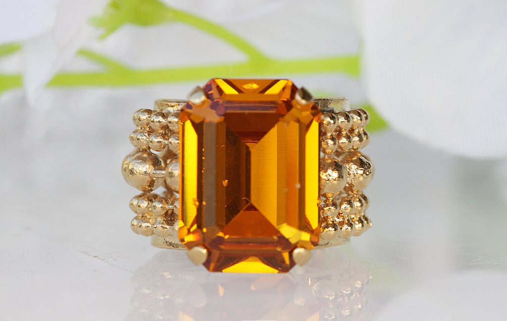 CITRINE CRYSTAL RING, Art Deco Ring, Rebeka Ring For Woman, Big Stone Ring, Yellow Stone Gold Ring, Statement Ring, Octagon Ladies Ring