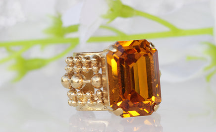 CITRINE CRYSTAL RING, Art Deco Ring, Rebeka Ring For Woman, Big Stone Ring, Yellow Stone Gold Ring, Statement Ring, Octagon Ladies Ring