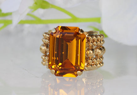 CITRINE CRYSTAL RING, Art Deco Ring, Rebeka Ring For Woman, Big Stone Ring, Yellow Stone Gold Ring, Statement Ring, Octagon Ladies Ring