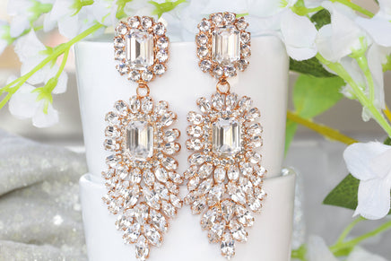 ROSE GOLD EARRINGS, Crystal Rebeka Wedding, Big Chandelier Earrings,Long earrings, Formal Statement Jewelry For Brides, Bridal Earrings