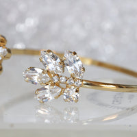 BRIDAL CRYSTAL BRACELET, Yellow Gold Bracelet, Rebeka Bracelet, Wedding Open Cuff, Adjustable Bracelet, Bridesmaid Gift, Leaves Bangle
