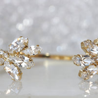 BRIDAL CRYSTAL BRACELET, Yellow Gold Bracelet, Rebeka Bracelet, Wedding Open Cuff, Adjustable Bracelet, Bridesmaid Gift, Leaves Bangle