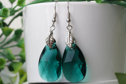 EMERALD EARRINGS, Rebeka Earrings, Dark Green Teardrop Earrings, Crystal Wedding Earrings Girlfriend Earrings Gift, Dangle Leaf Earrings,