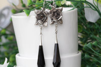 BLACK EARRINGS, Silver Oxide earrings, Boho Flower earrings, Floral Earrings, Long Rebeka Earrings,Hippie Jewelry,Dangle Teardrop Earring