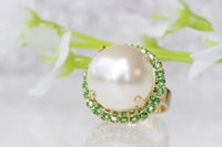 EMERALD AND PEARL Ring, Art Deco Ring, White Statement Pearl Green Ring, Gift For Her, Large Pearl Ring, Rebeka Ring, Pearl Bridal Gift,