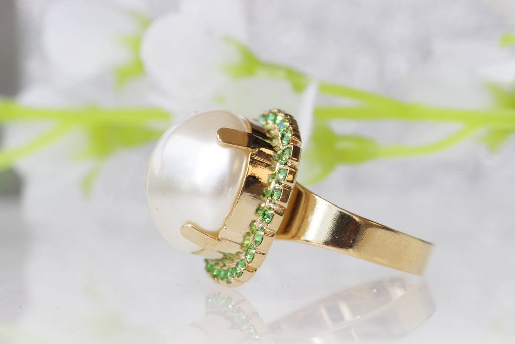 Round Kundan Green Pearl Adjustable Size Ring