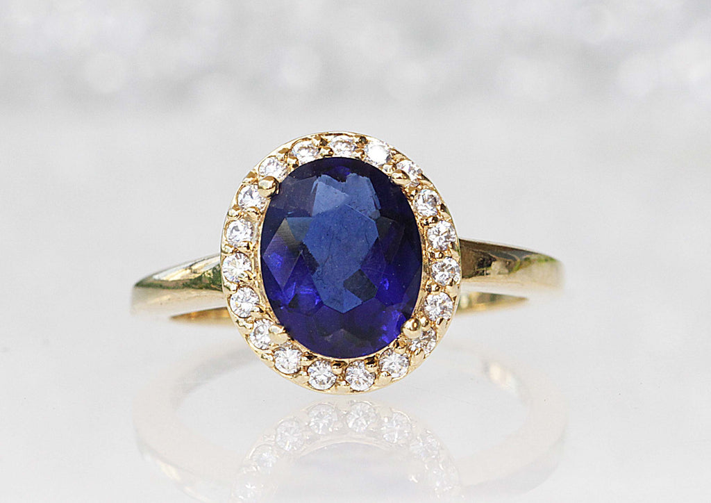 SAPPHIRE RING, oval engagement ring, Blue Stone Ring, Art Deco Ring, Women&#39;s Minimalist Ring, Lady D Style, Vintage Ring, Halo Cluster Ring