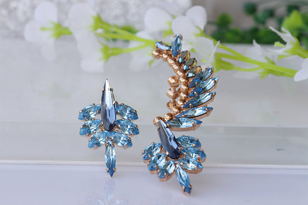 Aquamarine EAR CLIMBER EARRINGS, Ear Crawler Earrings, Blue Big Ear Cuff, Bridal Statement Climbing Rebeka Earrings,Bridal Something Blue