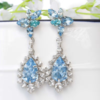 AQUAMARINE LONG EARRINGS, Sky Blue Chandelier Earrings, Victorian Bridal Earrings, Sparkly Cluster Earrings, Light Blue Rebeka Earrings