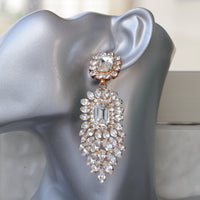 ROSE GOLD EARRINGS, Crystal Rebeka Wedding, Big Chandelier Earrings,Long earrings, Formal Statement Jewelry For Brides, Bridal Earrings